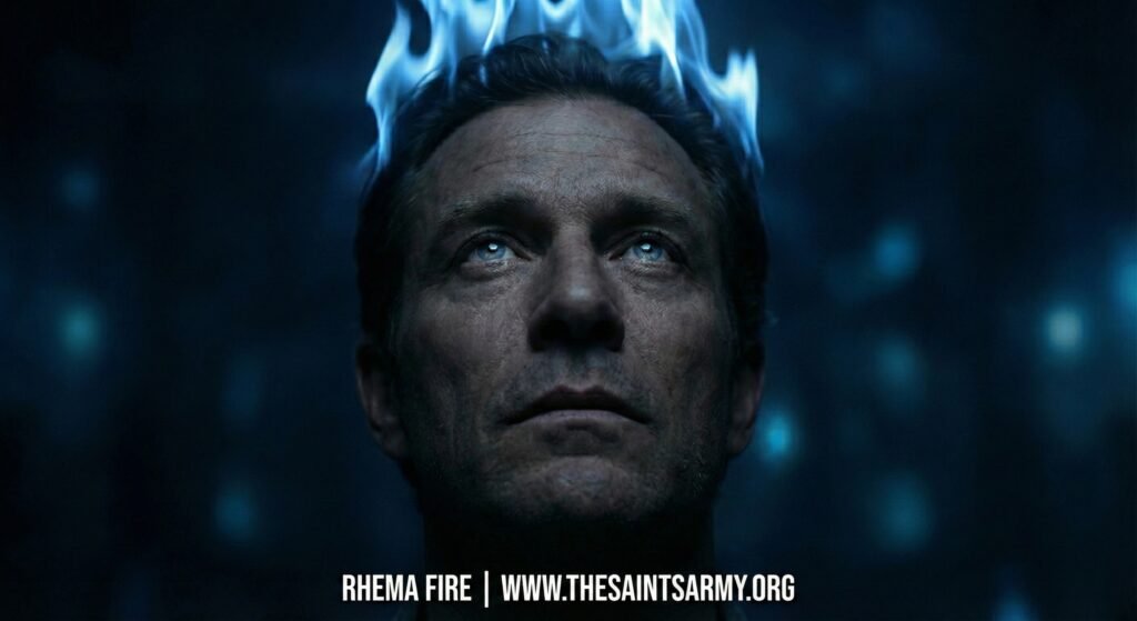 Photorealistic cinematic image of a man looking upward toward heaven with blue Holy Spirit flames on his head, branded for Rhema Fire and The Saints Army.